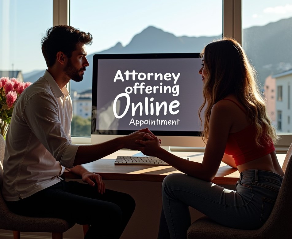 Couple holding hands and sitting in front of a computer screen which says - Attorney offering Online Appointment