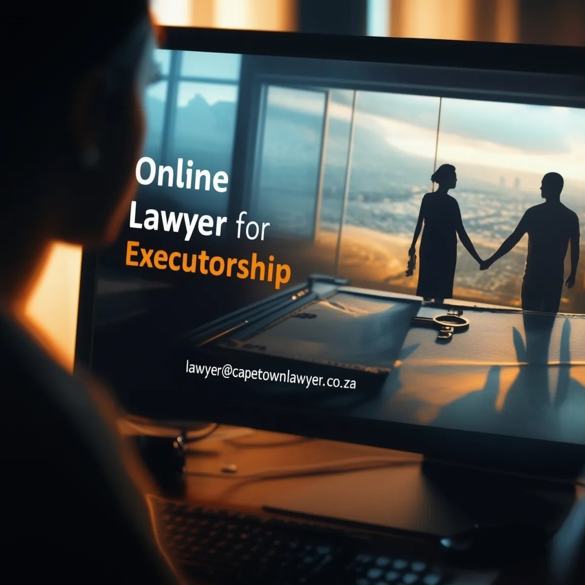 Online lawyer for executorship on computer screen with shadows of couple holding hands - lawyer@capetownlawyer.co.za
