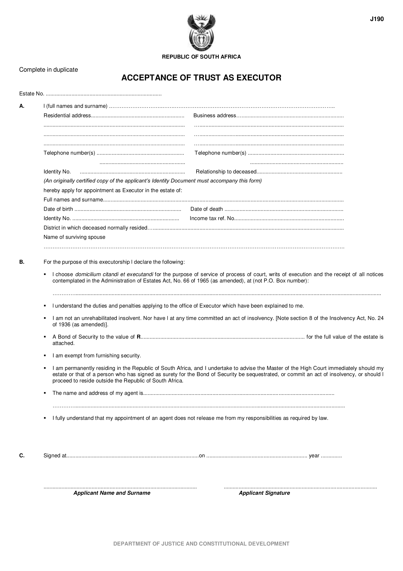 J190 form, Acceptance of Trust as executor