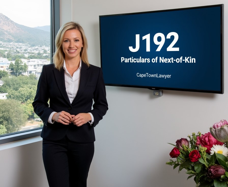 Cape Town Lawyer standing next to a screen which says J192 Particulars of Next-of-Kin