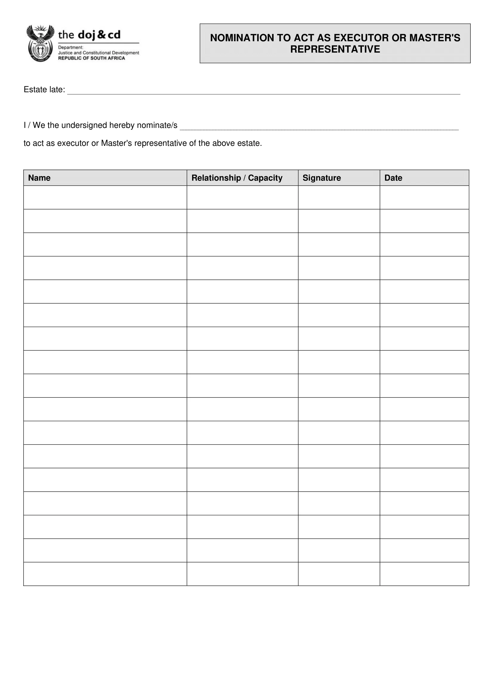 Letter of Nomination to Act as Executor