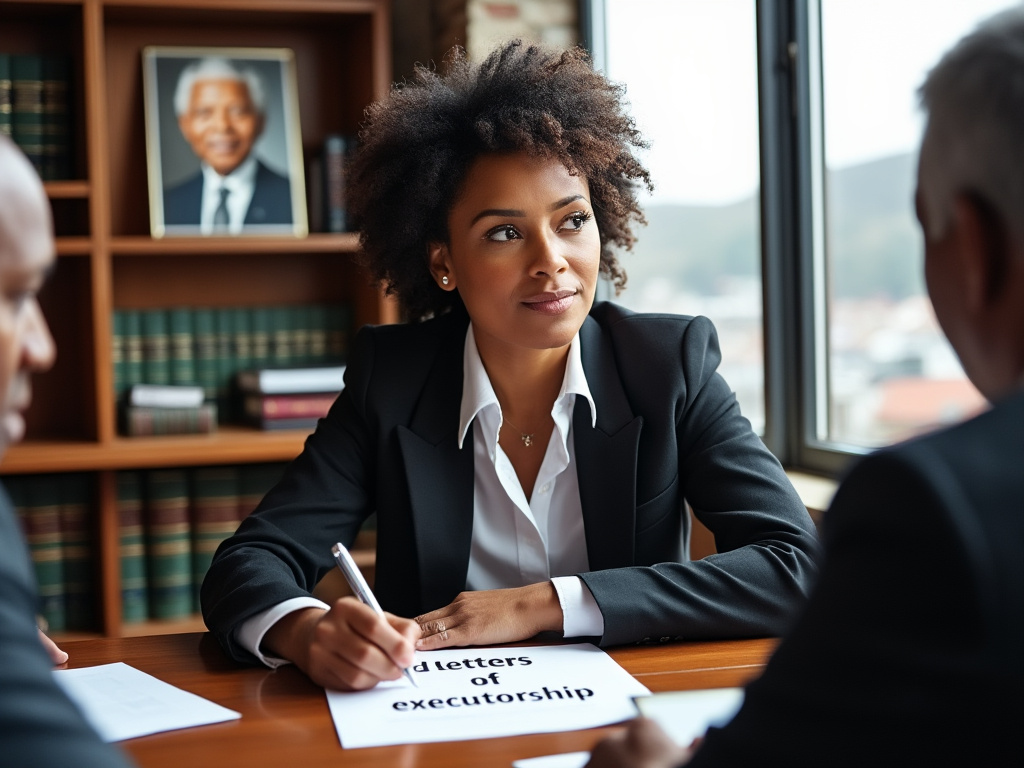 Deceased estate administrator meeting with the executors, letters of executorship on the table