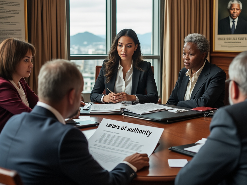 Estate lawyer consulting with heirs and a letter of authority being scrutinised