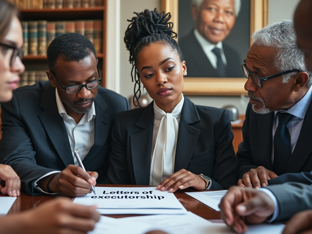 Estate lawyer consulting with heirs and showing the letter of executorship