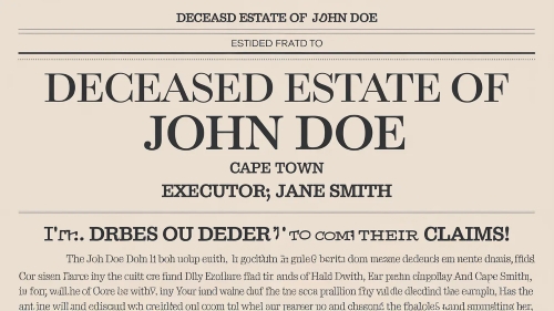 Newspaper advert for Deceased Estate of John Doe; executor is Jane Smith