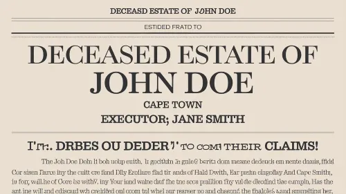 Newspaper advert for Deceased Estate of John Doe; executor is Jane Smith