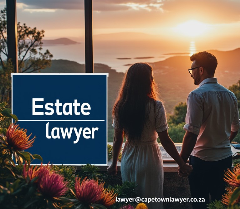 Couple holding hands with Estate lawyer sign next to them and email lawyer@capetownlawyer.co.za