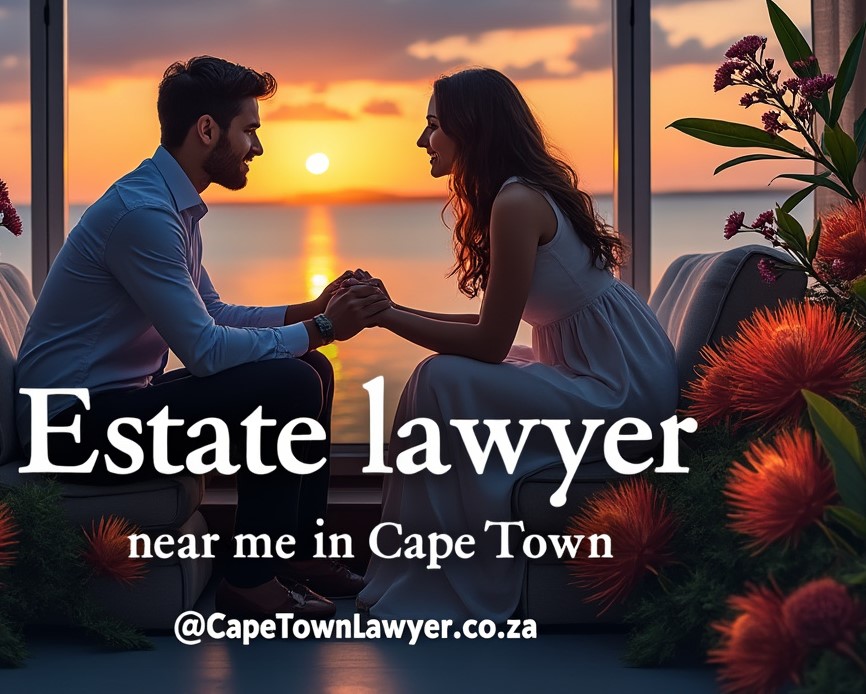 Sun setting and a couple holds hands, text is estate lawyer near me in Cape Town - CapeTownLawyer