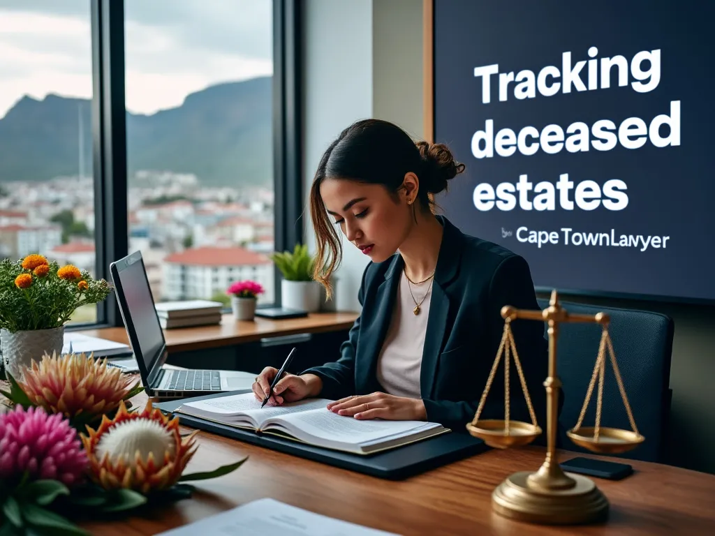 Lawyer at desk with board saying Tracking deceased estates by CapeTownLawyer