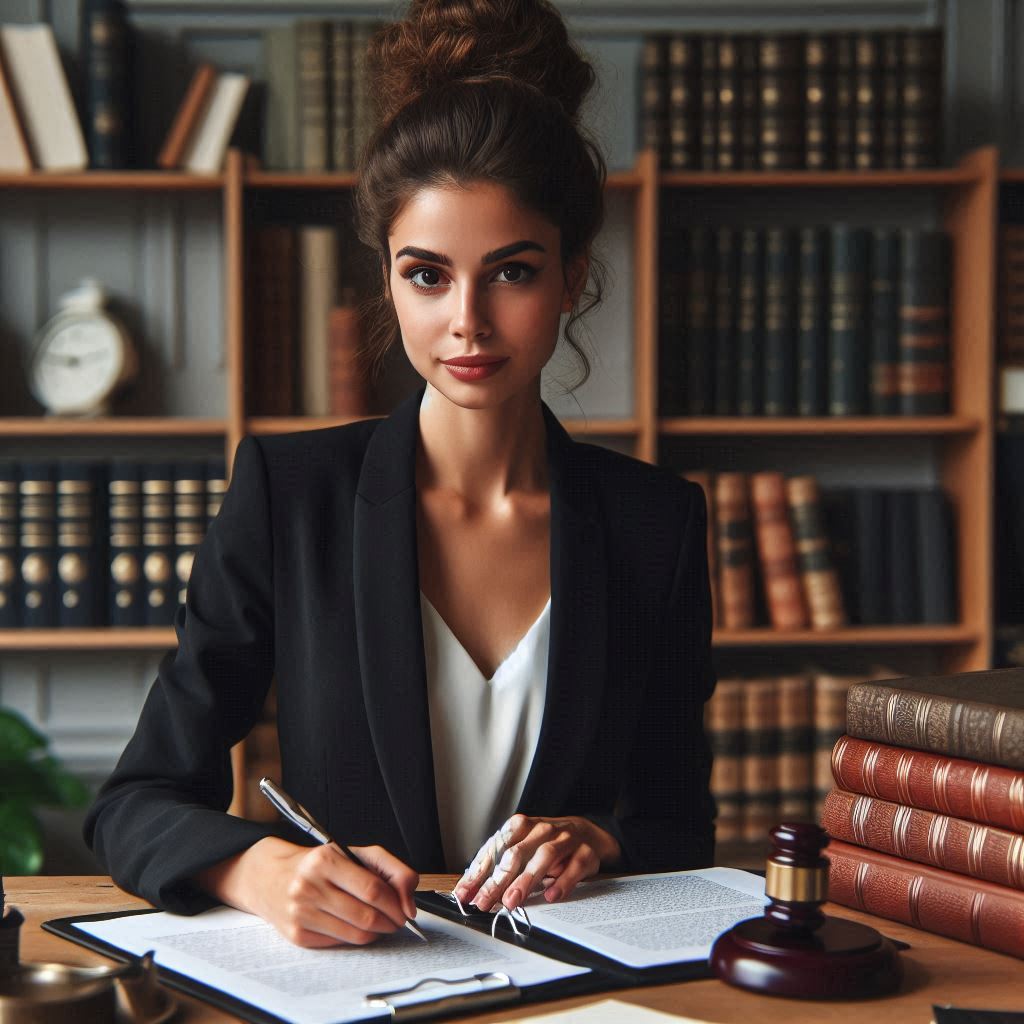 Attorney writing a will on a piee of paper with bookshelf behind her