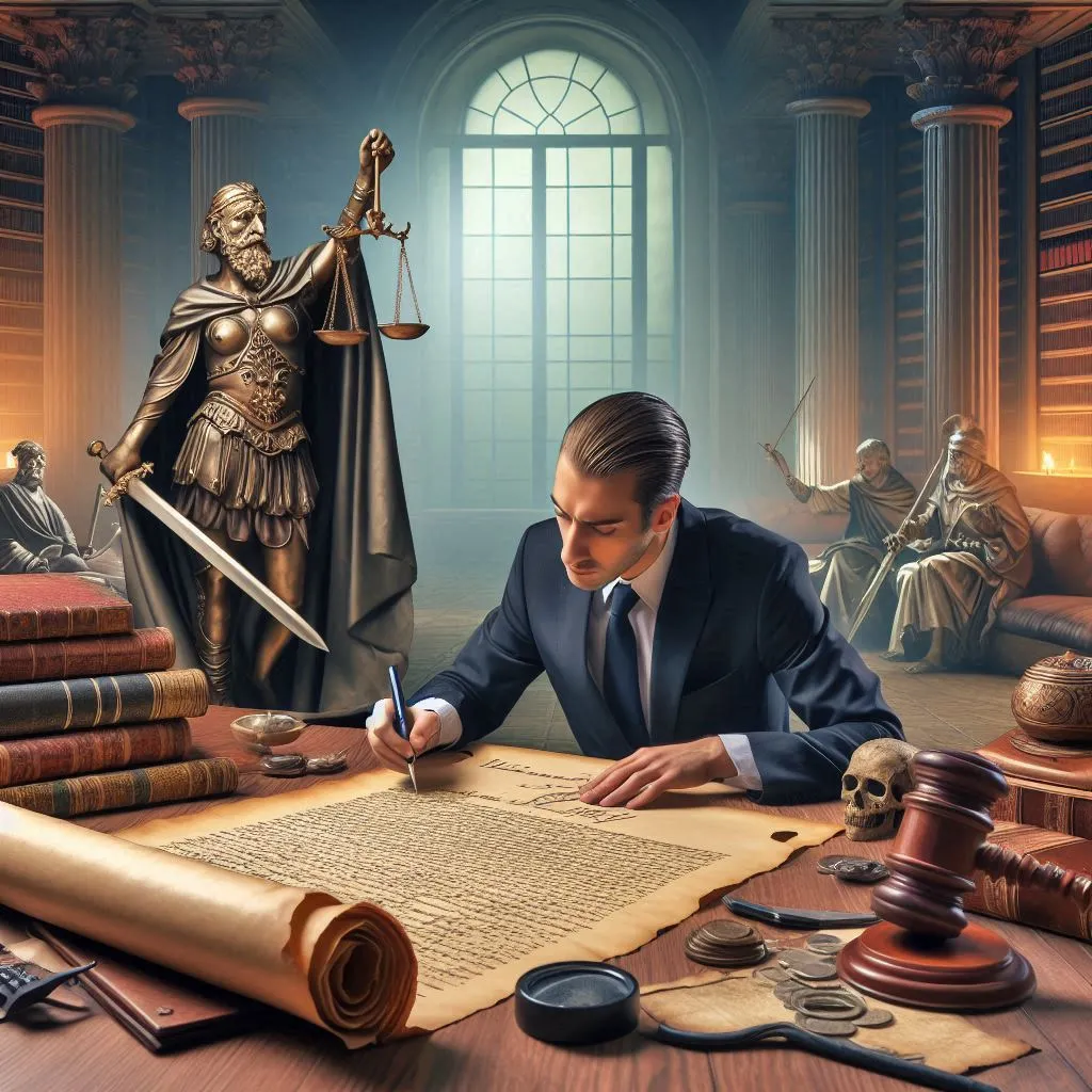 Lawyer drafting a scroll with the scales of justice