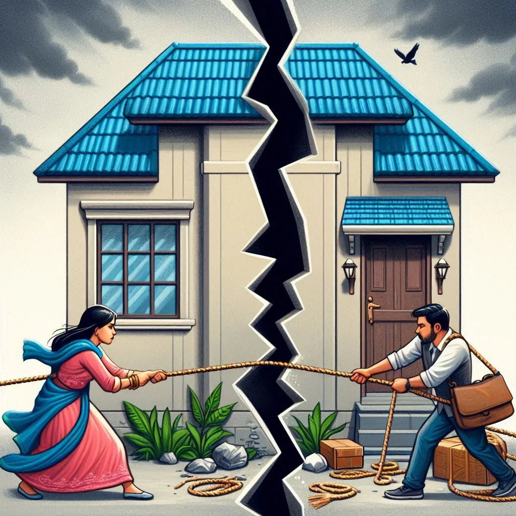 Husband and wife tug of war with a house breaking in two