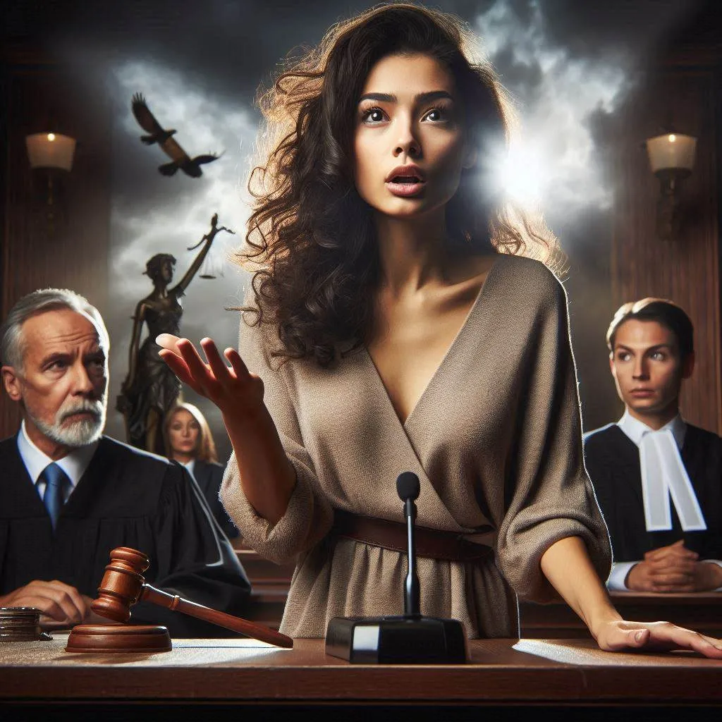 Lady gesturing in a courtroom scene