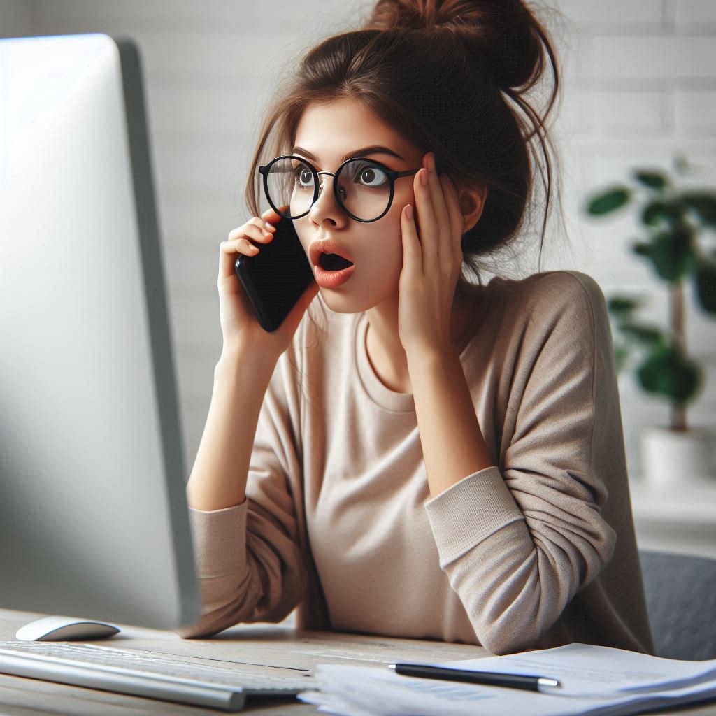 Lady on a cellphone and sitting in front of a computer; looking surprised