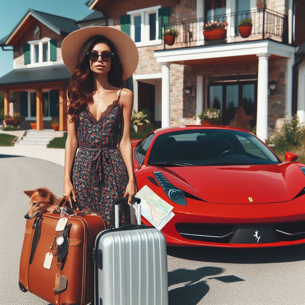 Lady with packed bags and leaving home with car