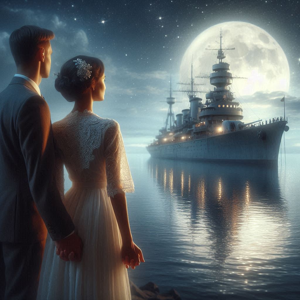 Couple watch a naval boat