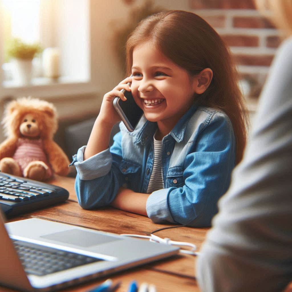 Child on phone in front of computer