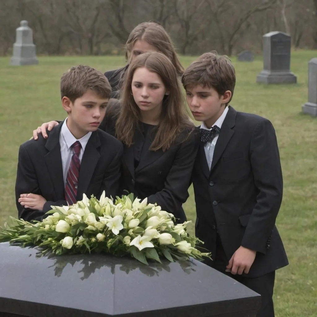 Children wearing black at casket at graveyard
