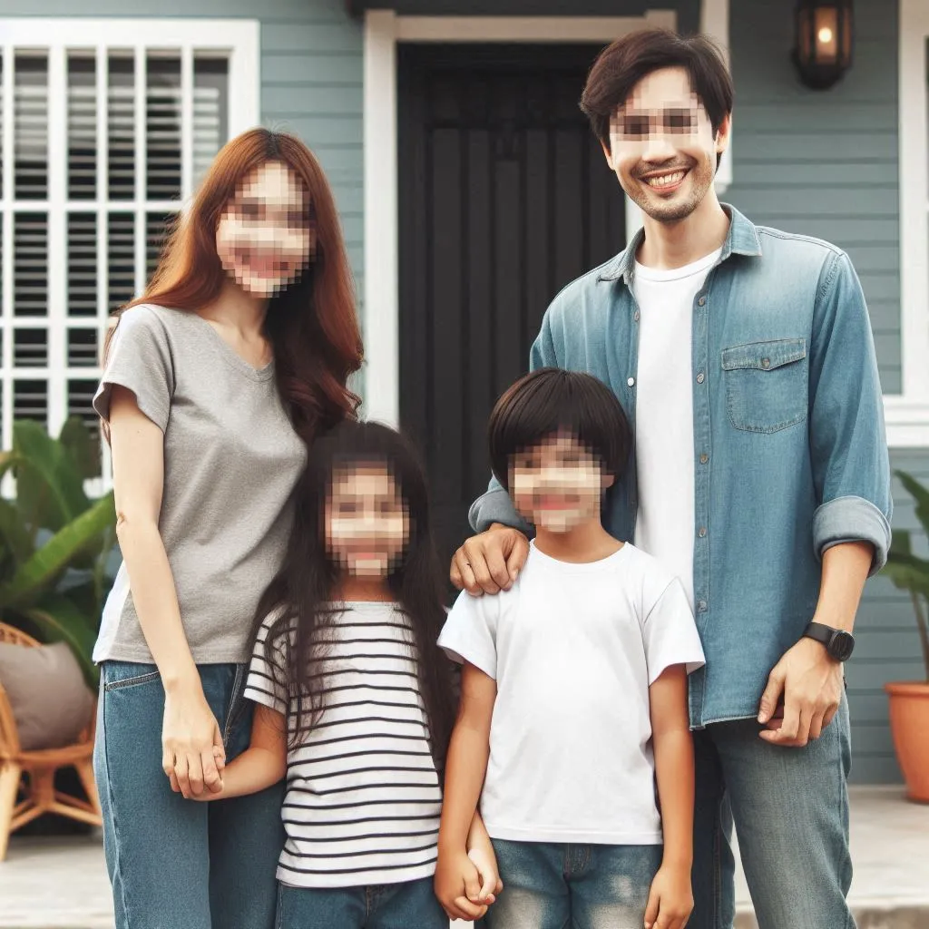 Family with faces pixelated to anonymise them