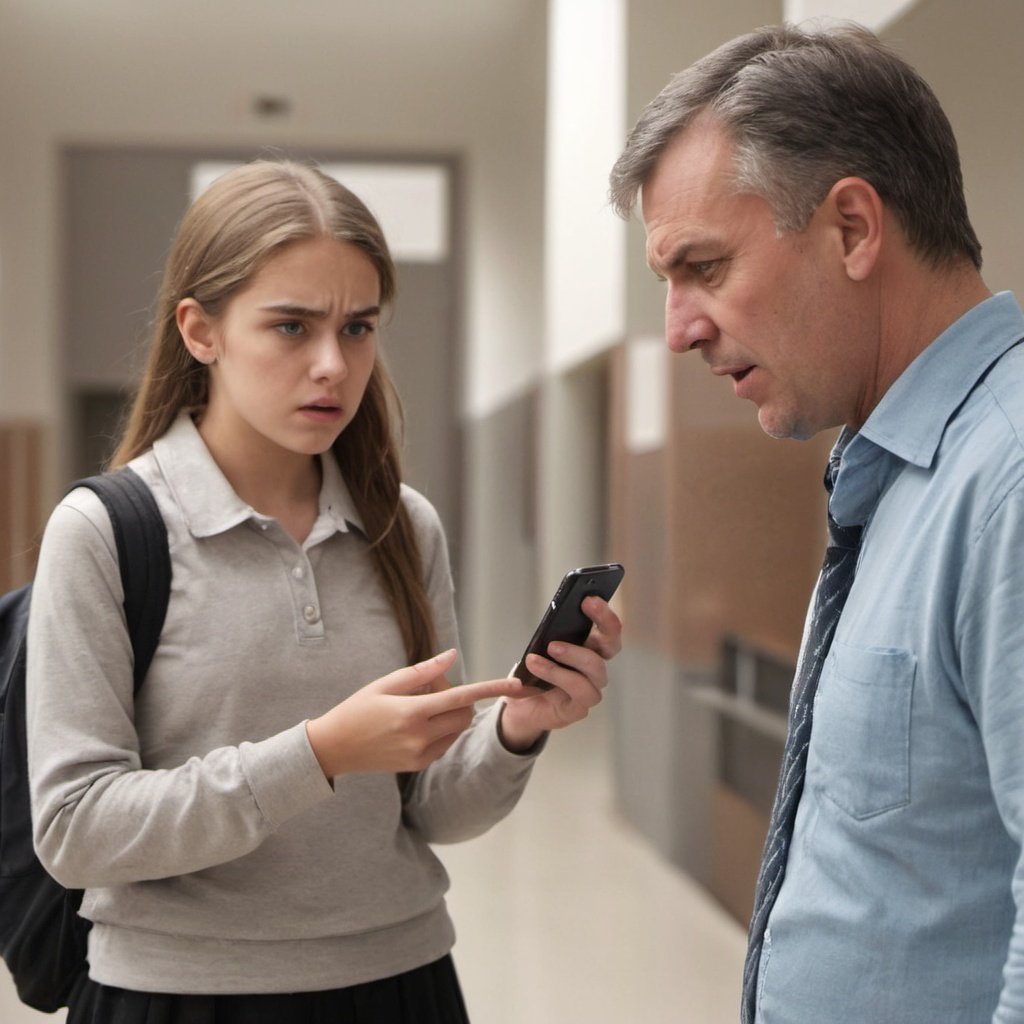 Father and daughter arguing whilst daughter holds a cellphone