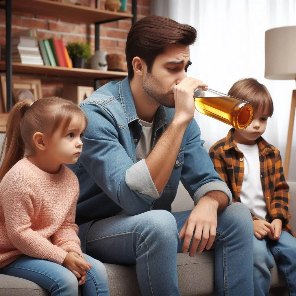 Father drinking alcohol with children sitting next to him