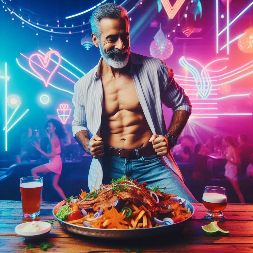 Man out dancing with a large plate of food