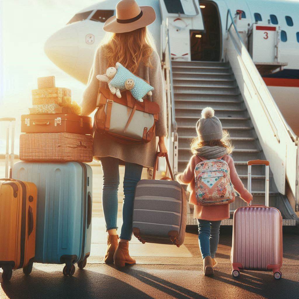 Mother and young daughter at the steps to board a plane with luggage