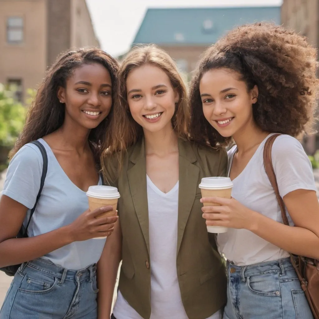 3 university girls holding coffee and bags