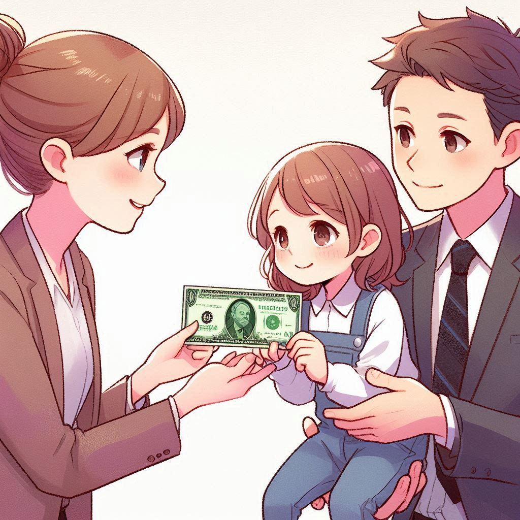 Mother handing child a monetary note whilst father holds child