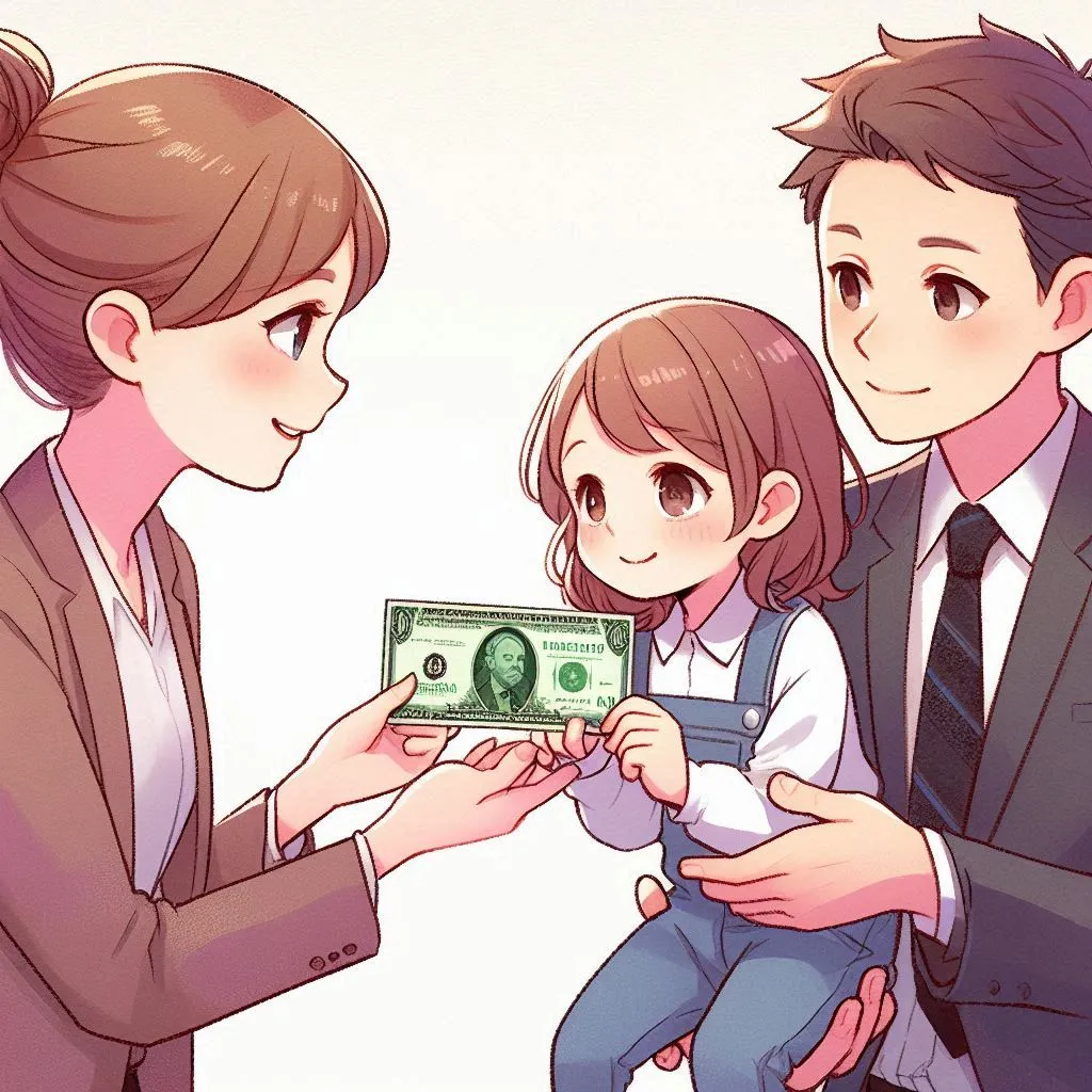 Mother handing child a monetary note whilst father holds child