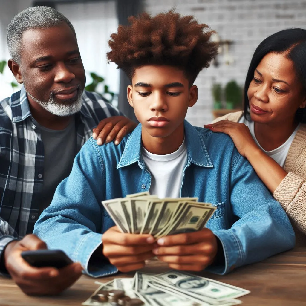 Parents with son who is holding money
