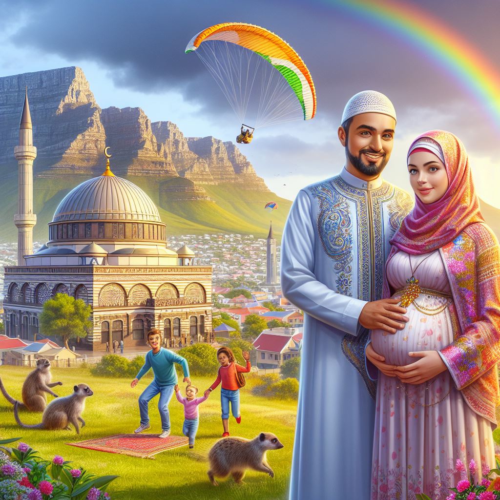Muslim husband with pregnant wife and children in front of a mosque with Table Mountain in the background