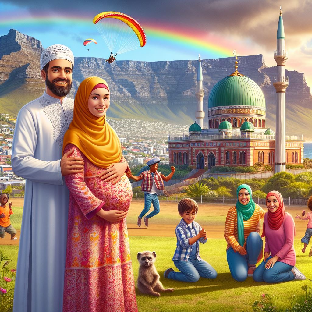 Muslim husband with pregnant wife, children, mosque and Table Mountain in the background