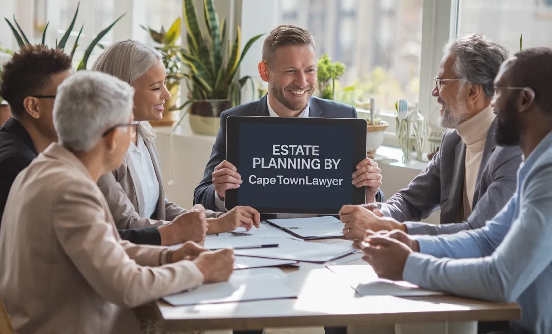 Group of people at a table withe one holding a sign - ESTATE PLANNING by CapeTownLawyer