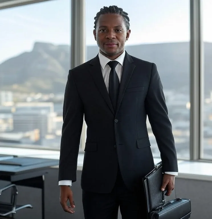Lawyer holding briefcase in office with Table Mountain in the background