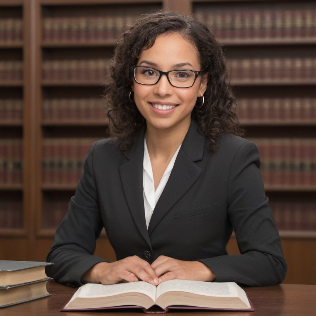Candidate attorney sitting with book open and bookshelf behind her