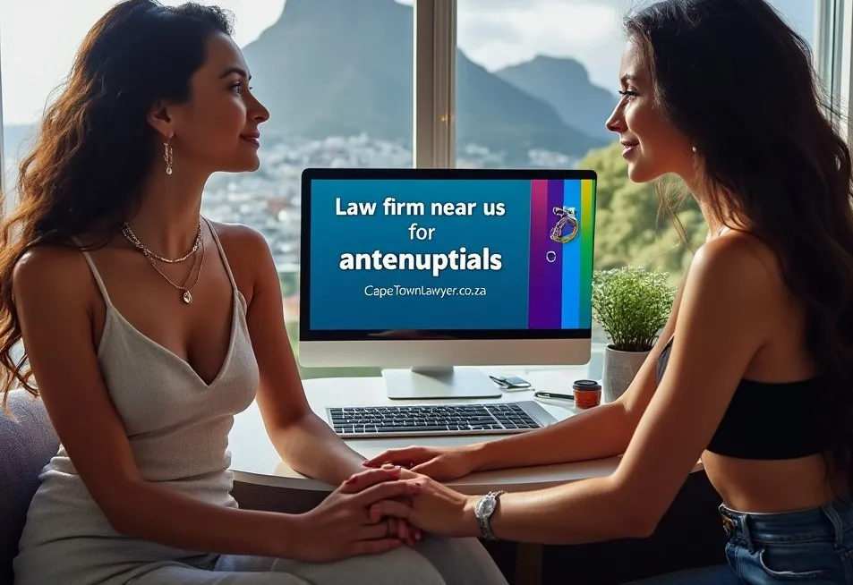Law firm near us for antenuptial - searched for on computer screen - with couple just engaged - capetownlawyer.co.za on the screen