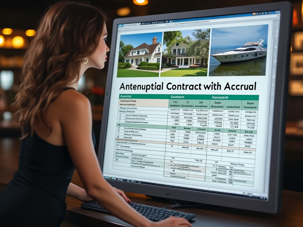 Antenuptial contract with accrual spreadsheet on a computer