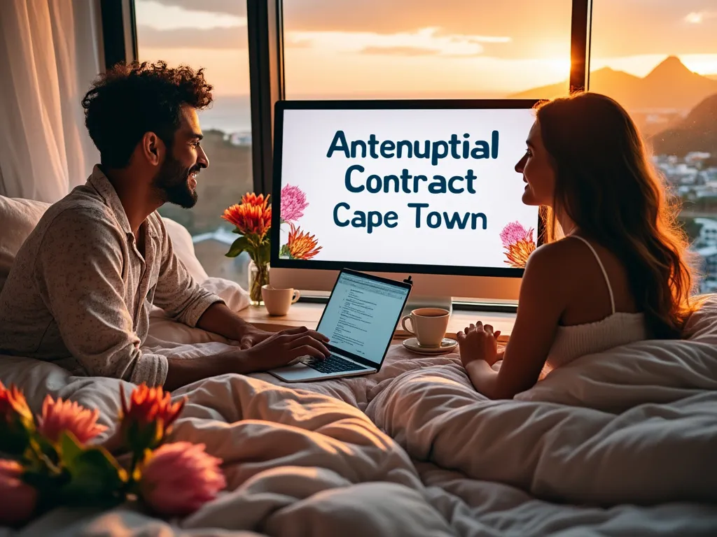 Couple reading on a computer about an antenuptial contract in Cape Town