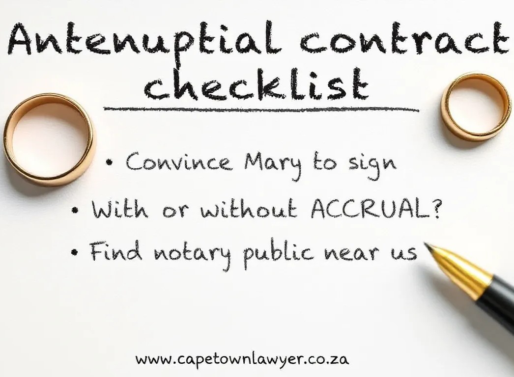 Antenuptial contract checklist with pen and 2 rings. Convince partner to sign. With or without ACCRUAL. Find notary public near us. www.capetownlawyer.co.za