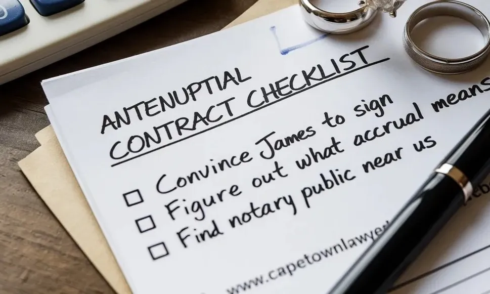 Handwritten antenuptial contract checklist - convince partner to sign, figure out what accrual means, find notary public near us