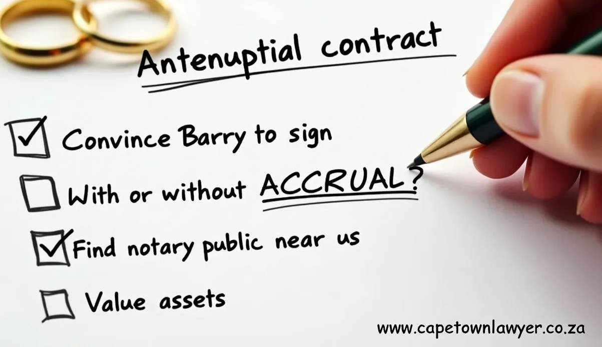 Handwritten note with rings lying on it. Heading Antenuptial Contract. Checlist - Convince partner to sign, with or without accrual, find notary public near us, value assets