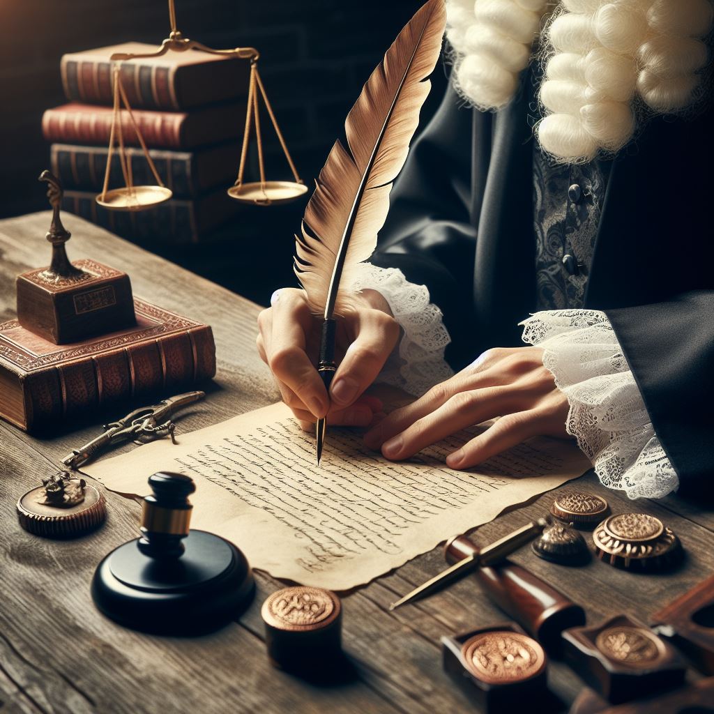 Lawyer drafting a contract with a quill