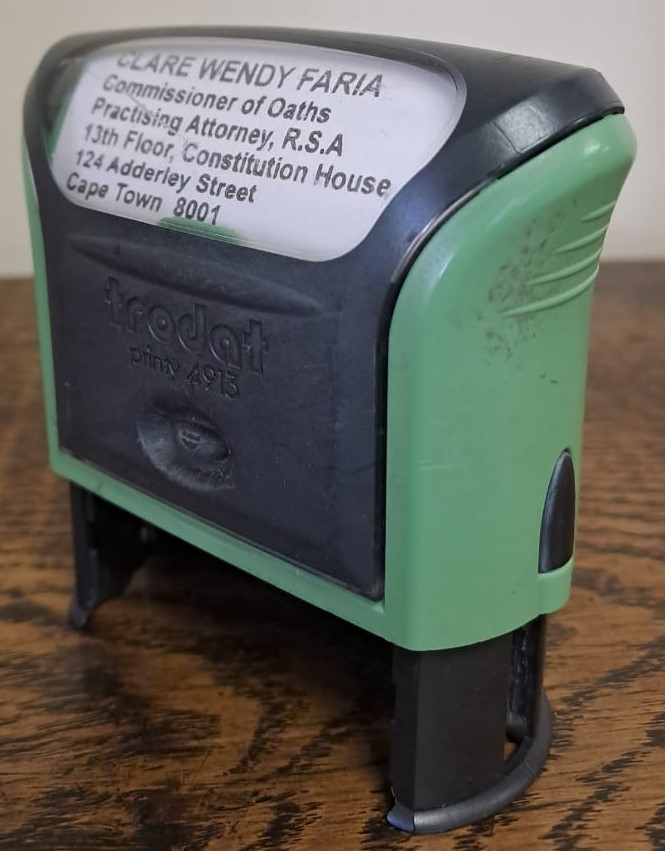 Commissioner of Oaths stamp - Clare Faria