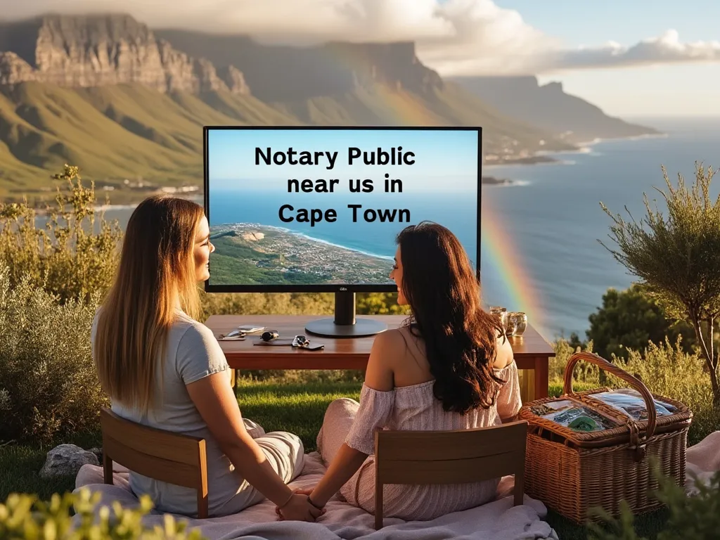 Same sex couple holding hands and searching on a computer for a notary public in Cape Town near them.