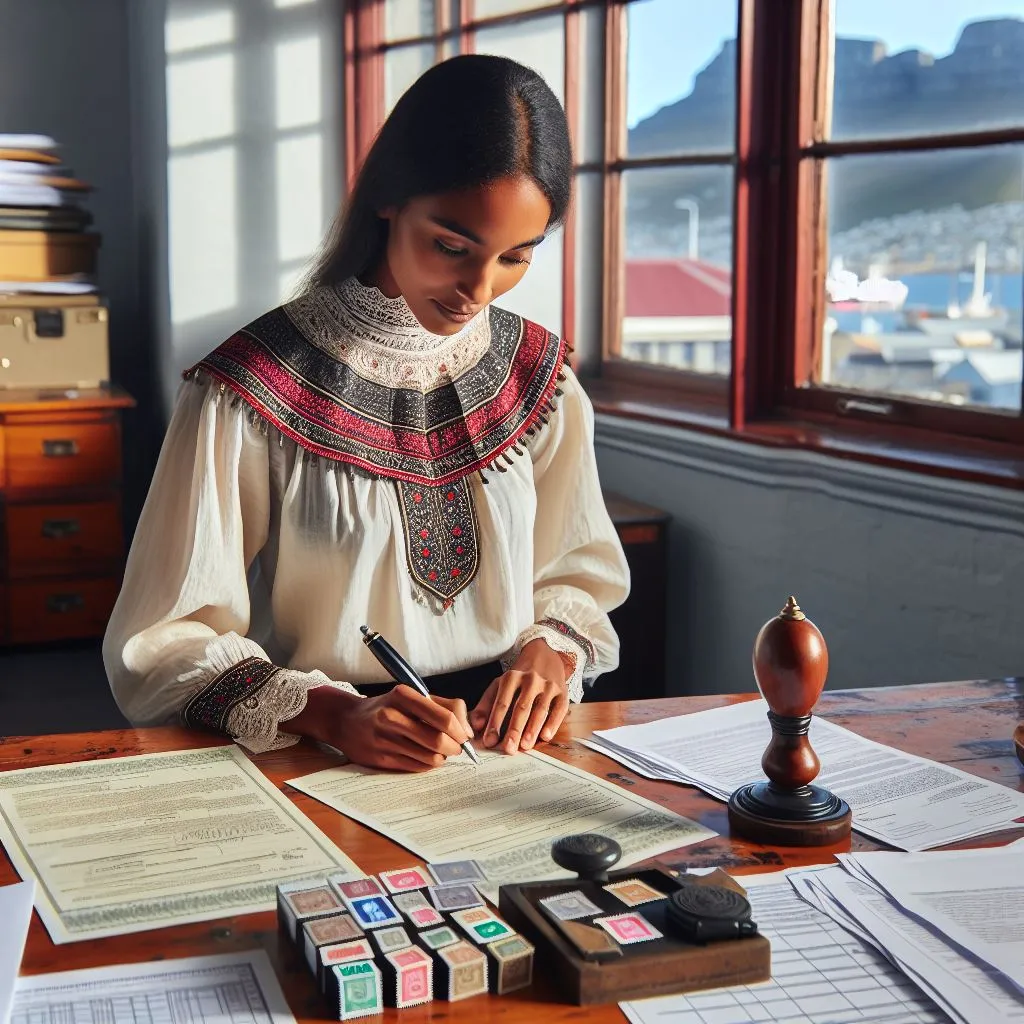 Cape Town notary at her desk and authenticating a document with part of Table Mountain visible through her window