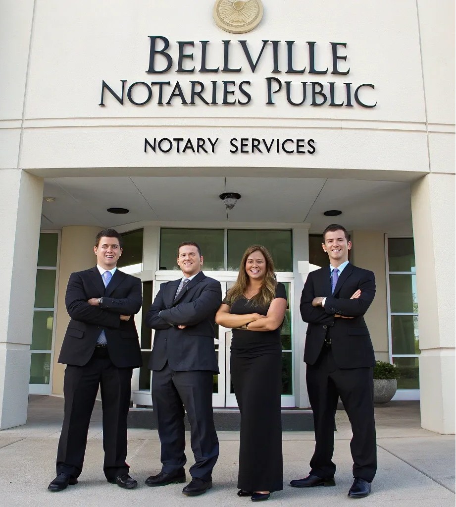 4 notaries standing outside a building with sign - BELLVILLE NOTARIES PUBLIC - NOTARY SERVICES