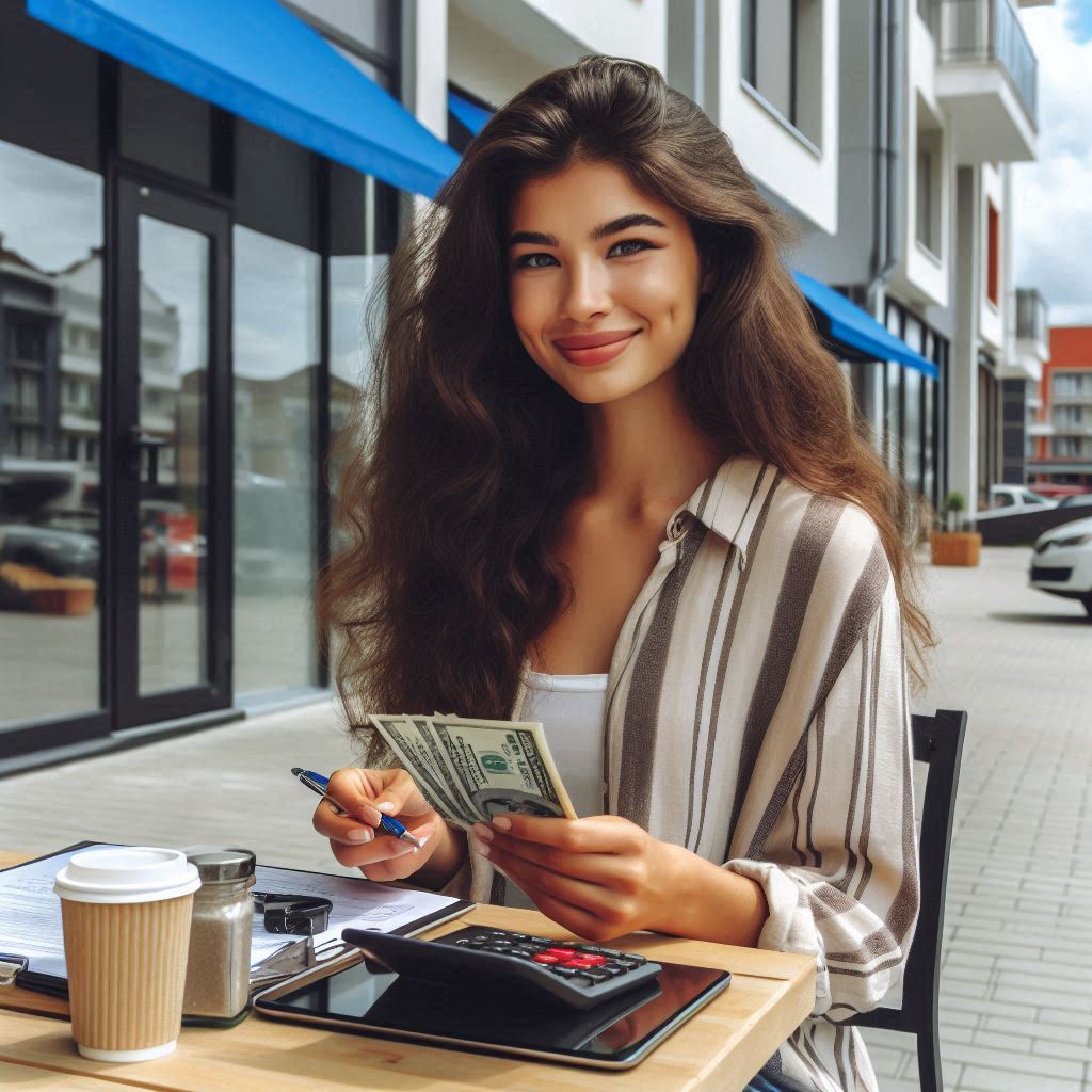 Lady sitting in front of property with money