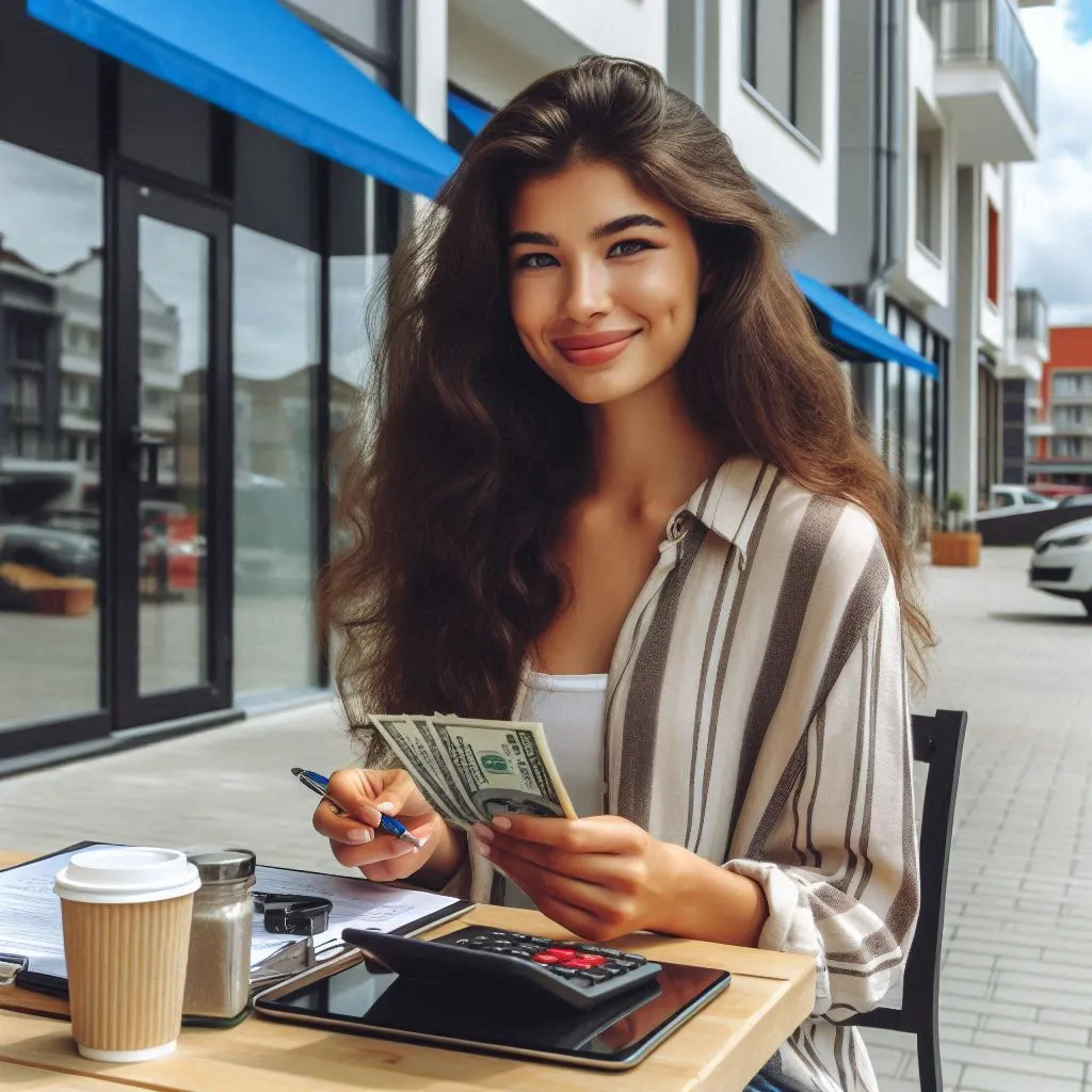 Lady sitting in front of property with money
