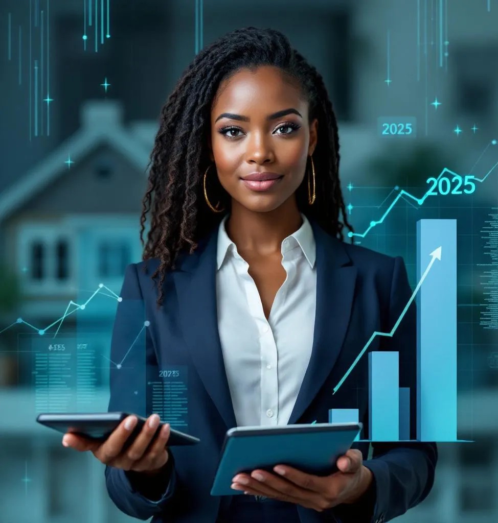 Lawyer holdings a calculator with a house behind her and 2025 at her side
